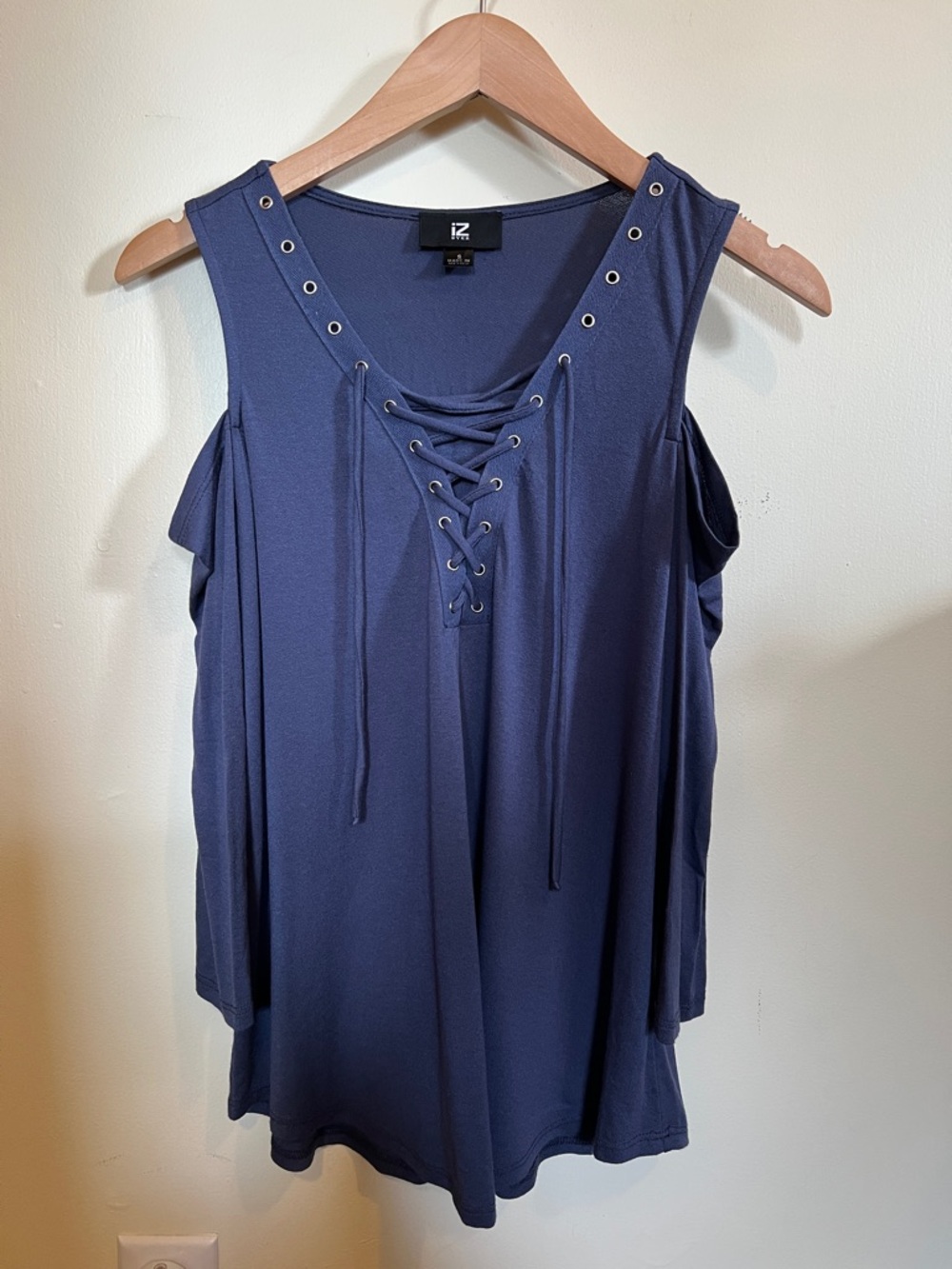 Iz Byer Navy Lace-Up Cold Shoulder long sleeve shirt